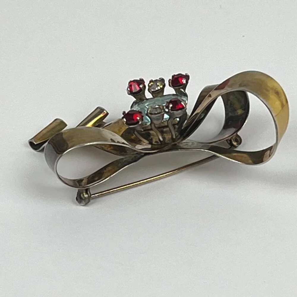 Vintage 1940s Gold Over Sterling Aqua Blue Stone Ribbon Bow Brooch